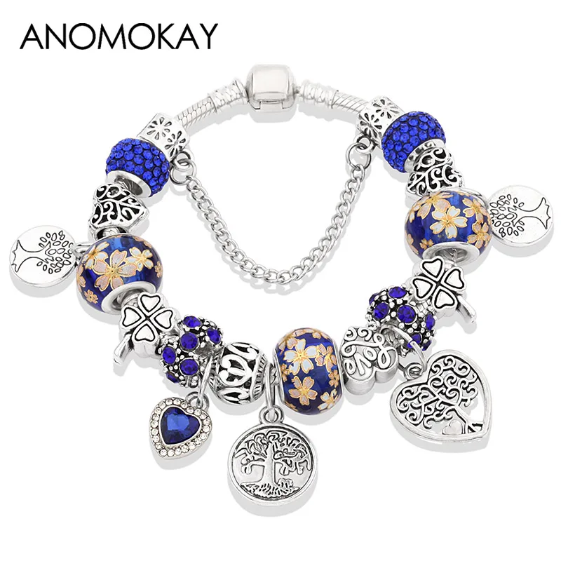 P80827 Dark Blue Leabyl дропшиппинг темно-синее Дерево жизни DIY амулет, серебряный браслет цвет растение сердце браслет ручной работы из бусин Pulsera Hombre - Окраска металла: P80827 Dark Blue