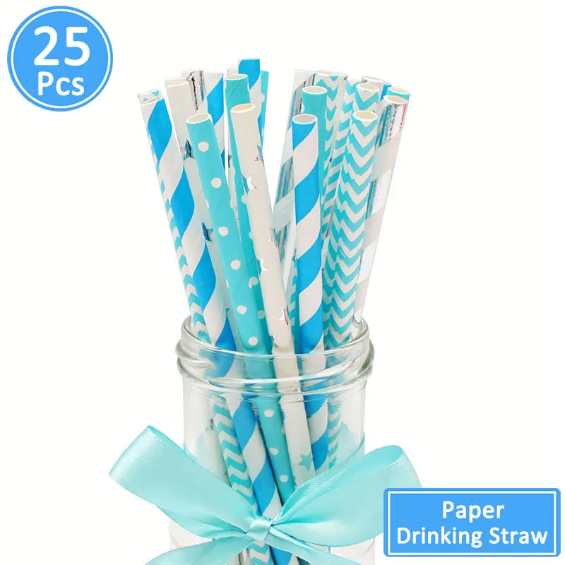 25pcs paper straws Первый день рождения мальчик вечерние голубые серебряные конфетти воздушные Шары Баннер 1-й декорации с днем рождения ребенок мой 1 год Декор ко дню рождения - Цвет: 25pcs paper straws