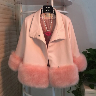 Модное зимнее женское пальто из искусственной кожи, тонкая короткая кожаная куртка с мехом лисы, женские пальто большого размера из мягкой искусственной кожи с хлопковой подкладкой WZ1014 - Цвет: pink fur