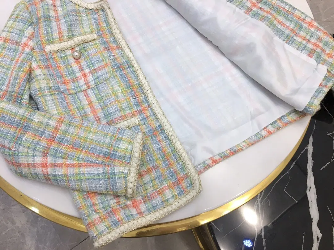 new ladies high quality fashion long sleeve round neck rainbow plaid woolen pearl buckle coat jacket 1021