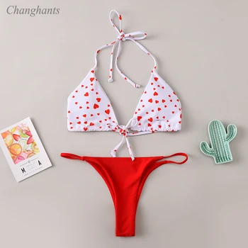 

Women Two Pieces Swimwear Female Sexy Bikini Set with Hearts Print Lady Swimsuit Girls Low Waist Bathing Suit Beach Sport Wear
