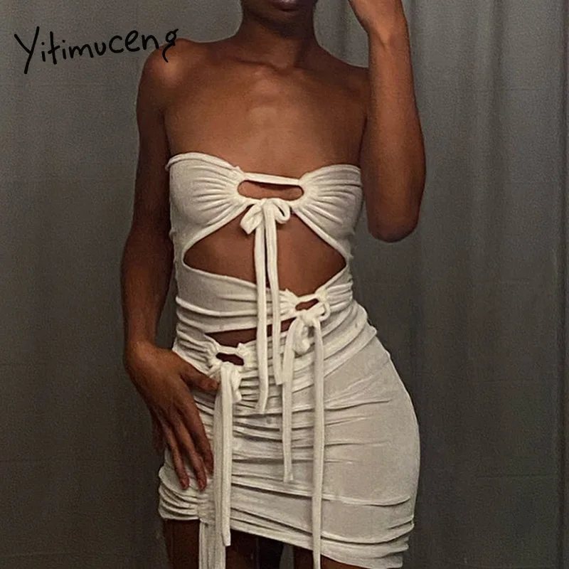 Yitimuceng Irregular Dress Women White Cut Out Ties Crossed Lace Up Backless Sexy Strapless Folds Mini Dresses 2021 Summer | Женская