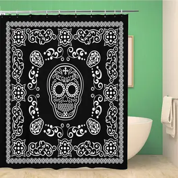

Bathroom Shower Curtain Angel Bandana Sugar Skull Arms Black Celebration Cemetery Chevron 66x72 inches Waterproof Bath Curtain