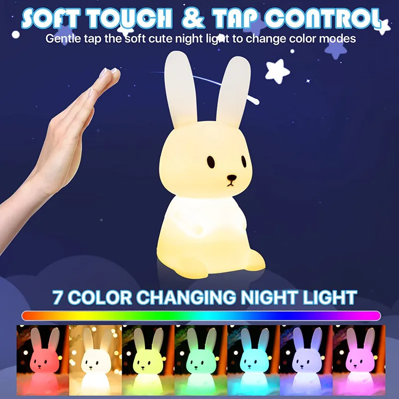 Night Light Cute Bunny Lamp USB Silicone Rabbit for Kids Room Nursery