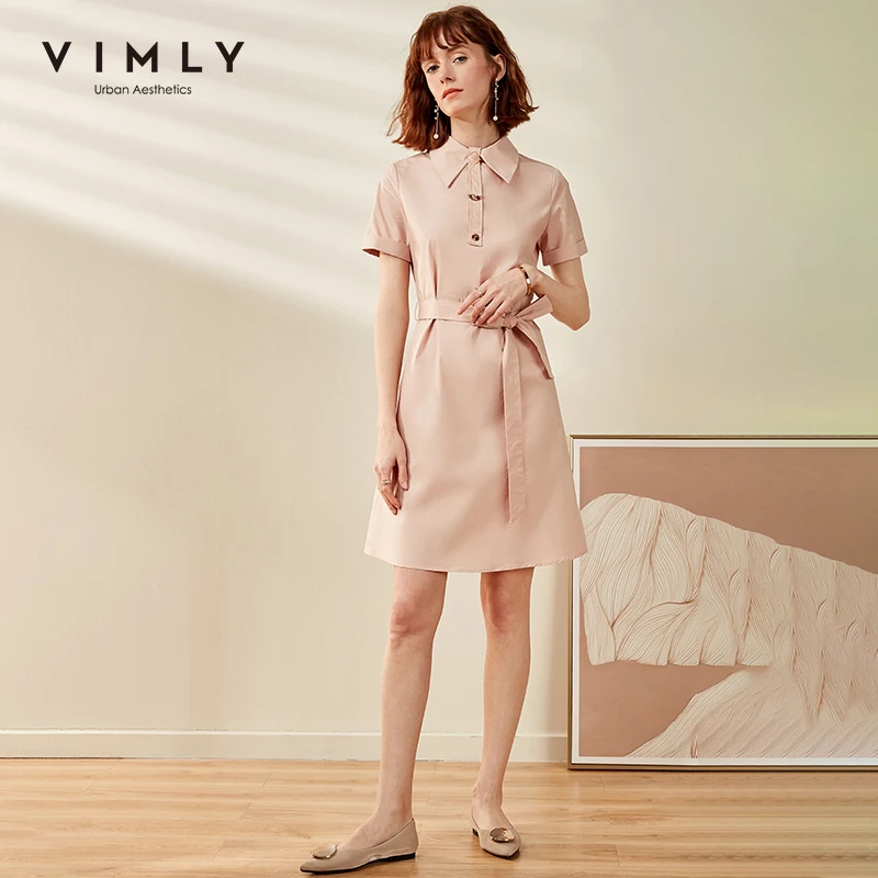 Женское платье с коротким рукавом Vimly однотонное хлопковое ТРАПЕЦИЕВИДНОЕ ПЛАТЬЕ отворотом и поясом