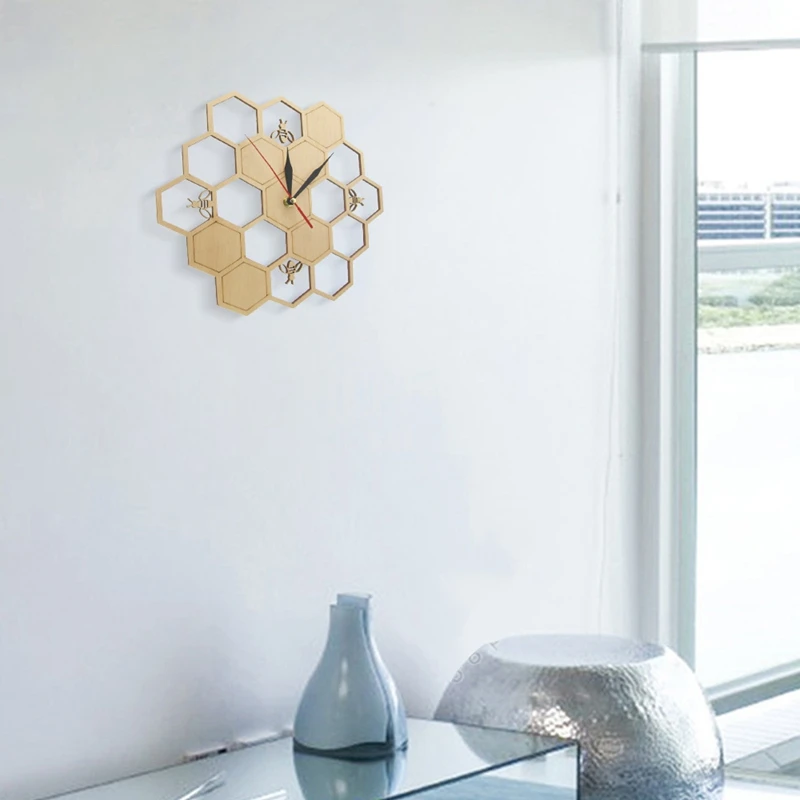 New-Cut Wood Clock Honey Bee on Honey Comb Hexagon Nature Watch Wall Clock Geometric Kitchen Art Decor