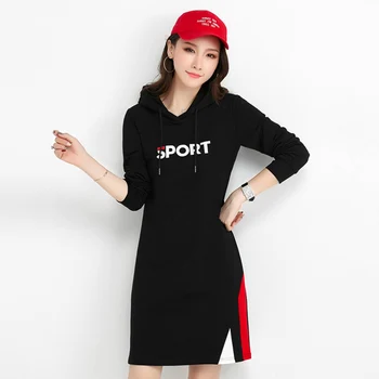 

High Street Autumn Winter Ladies Hooded Long Sleeve Letter Pattern Dresses Casual Straight Dress Clothes Multicolor Hot Sale