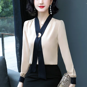 

Satin Elegant Women's Blouses 2020 Autumn Long Sleeve Casual Shirts Ladies Tops Workwear Fashion Blusas Bow Neck Shirts 3XL