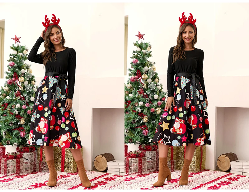 Рождественское платье для женщин; сезон осень-зима; с длинным рукавом; с принтом; женские черные вечерние платья; одежда для сна; vestido de festa; платье со шнуровкой