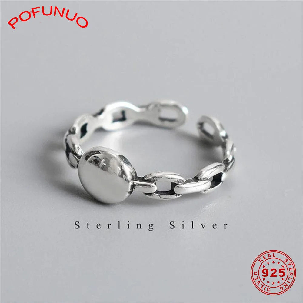 

POFUNUO 925 Sterling Silver Rings Women Vintage Style Distress Round Chain Opening Rings Chic Girls Lovers Fine Jewelry Rings