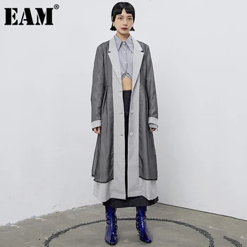

[EAM] Women Gray Mesh Split Big Size Long Trench New Lapel Long Sleeve Loose Fit Windbreaker Fashion Spring Autumn 2020 1DB116