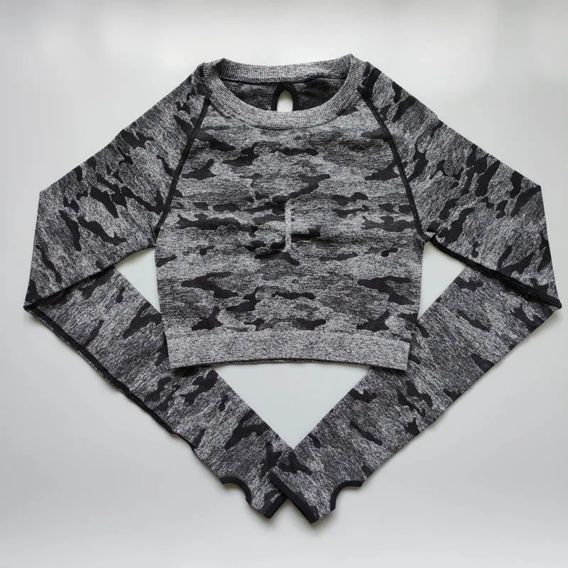 Nepoagym Women Camo Seamless Cropped Top Seamless Long Sleeve Top Sports Wear for Women Gym Yoga Shirt Crop Workout