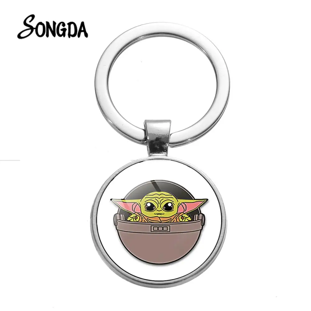 

SONGDA Cute Funny Baby Yoda Keychain The Mandalorian Movie Theme Poster Glass Dome Silver Color Pendant Key Ring Chain for Kids