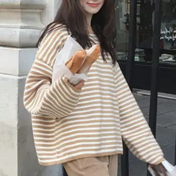 

New Fashion Ladies O Neck Long Sleeve Casual Sweaters Pullovers Women Loose Striped Print Sweaters