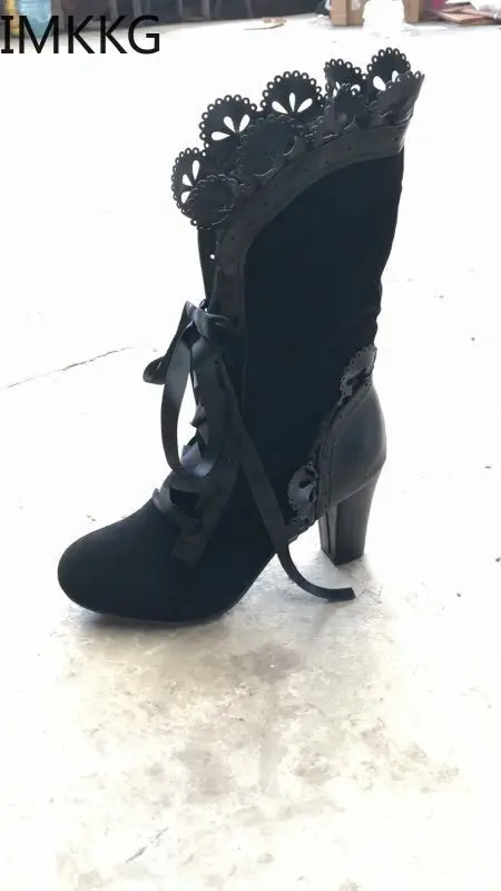 Bohhemian Women Leaf Boots woman mid-calf High heels shoes ladies Cosplay Winter pu Leather Snow Boots a00334