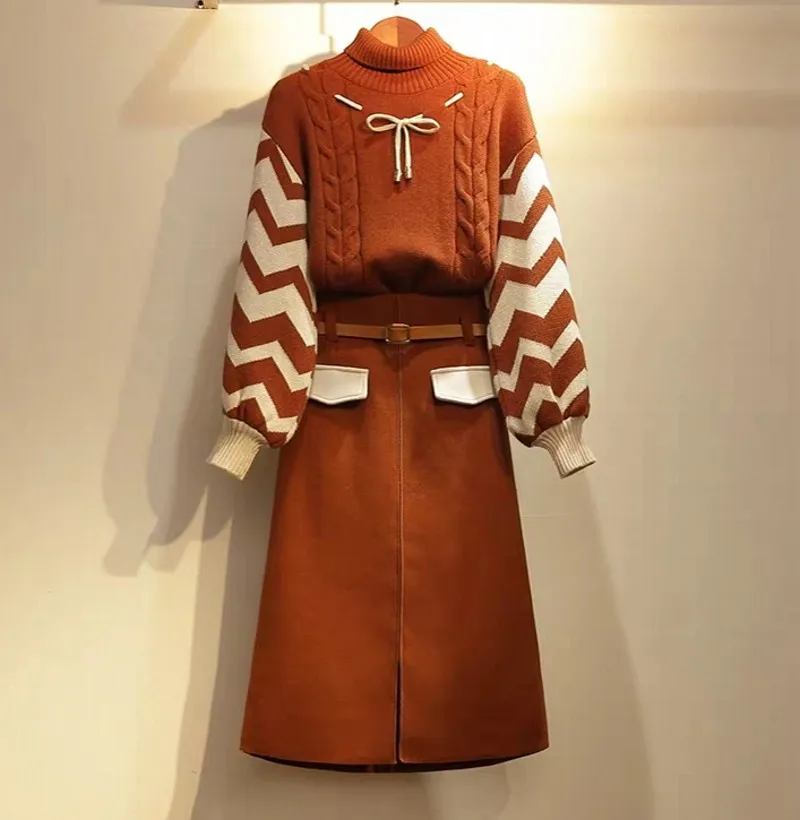 Осень зима модный элегантный вязаный свитер с высоким воротом+ юбка с высокой талией женский комплект из 2 предметов - Цвет: set