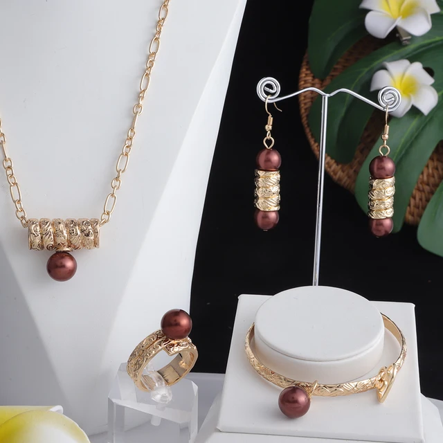 Cring Coco Hawaiian 4 PCS Jewelry Sets Gold Filled Colorful Pearl Bangles Bracelet Earing Sets Women Drop Earrings for Mother brown