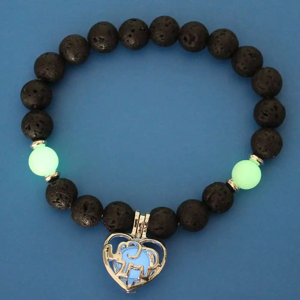 Модный светящийся черный камень из натуральной лавы, женский браслет, светящийся, молитва йоги, сердце, очаровательный браслет, флуоресцентный браслет, ювелирное изделие