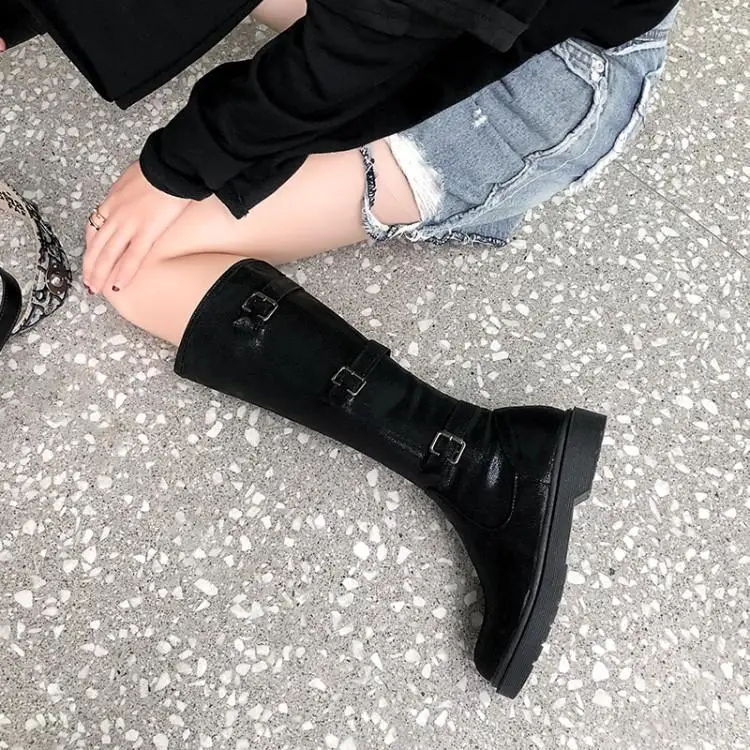

Knee High Boots Shoes Woman Motorcycle Womens Winter Women Black Long Ladies Fashion Size 10 42 Low heels Zip Buckle Round Toe