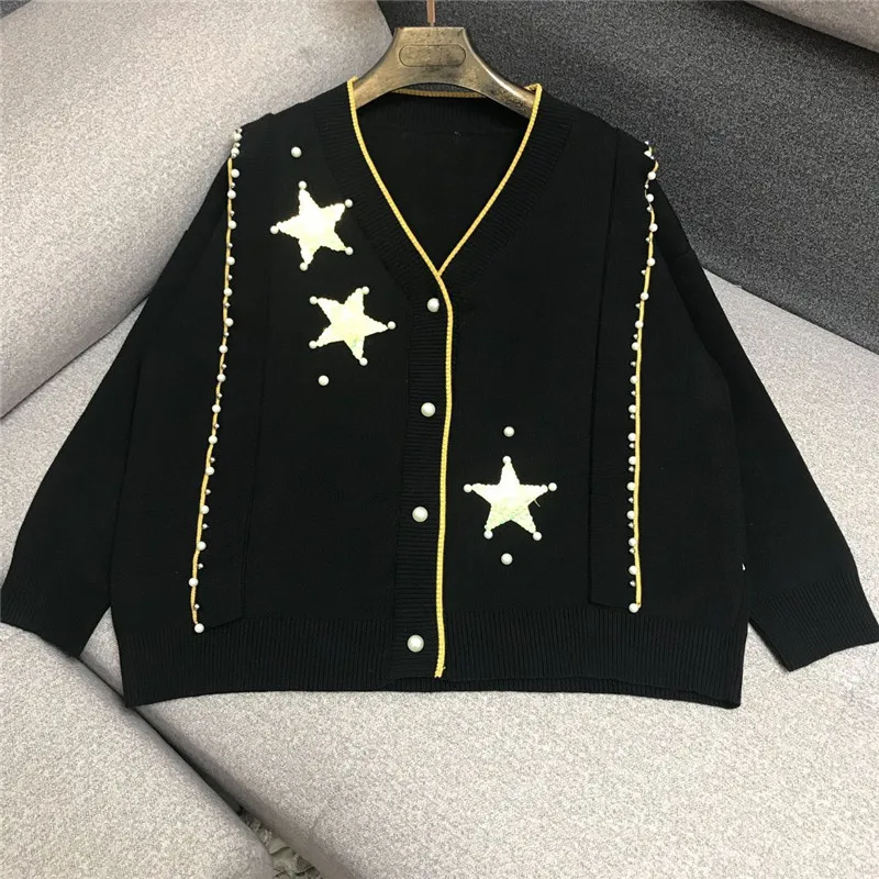 

Luxury Designer Brand Knitted Sweater for Women Vintage V Neck Stars Embroidery Beading Sequins Loose Knitted Cardigans Sweater