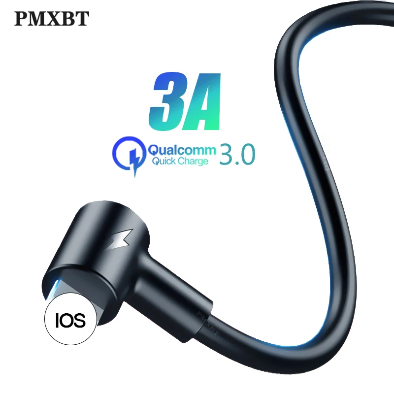 Реверсивный USB кабель для iPhone XR XS X 7 8 6 5 3A Быстрая зарядка 90 градусов локоть для освещения кабель для зарядки данных длинный шнур 2 м/1 м