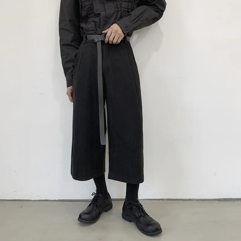 Мужские черные свободные повседневные шерстяные брюки с широкими штанинами и