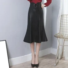 Для женщин сексуальная из искусственной кожи черная юбка Высокая талия на шнуровке корсет костюм в стиле стимпанк офисные длина до колена с Искусственная кожа юбка-годе