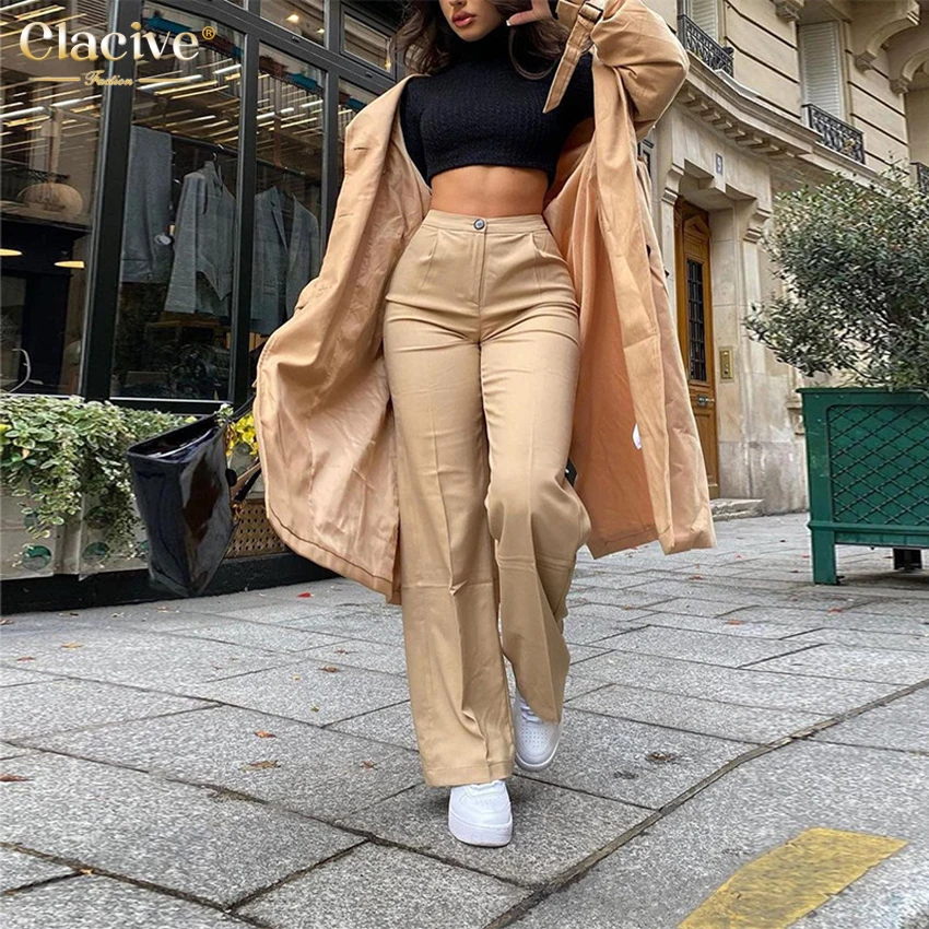 

Clacive Office High Waist Zipper Straight Pants Fashion Khaki Floor-Length Women Pants Casual Wide Leg Lady Trousers Streetwear