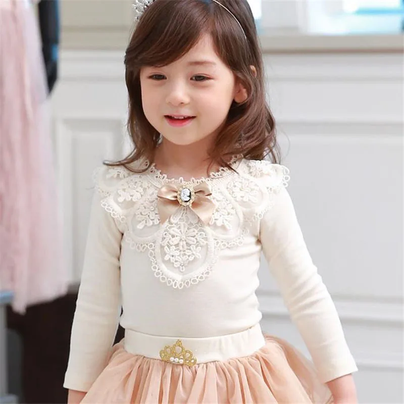 Baby Girls Blouses Children Cotton Lace Clothes Teenage School Girl Basic Tops Cute Bow Navy Blue Sweatshirts 2 4 6 8 11Yrs