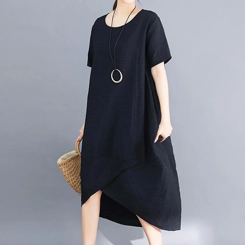 

Feitong fashion womens loose XL solid color dress 2019 summer womens short-sleeved O-neck pocket irregular swing womens dress