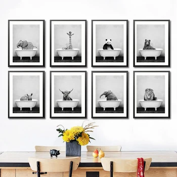 

Baby Animal in Bathtub Poster Giraffe Elephant Lion Pig Cow Canvas Painting Nordic Wall Art Picture Kids Room Decor Cuadros