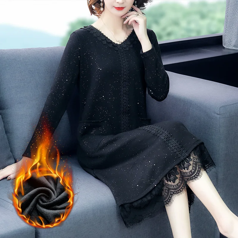 

2019 Autumn And Winter Joint Lace Large Size Within Collocation Overcoat Dress Brushed And Thick Mid-length Fat Mm Skirt