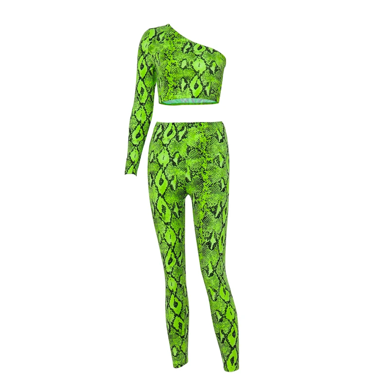 Chicology Змеиный принтом принт на одно плечо 2 комплект из двух предметов в комплекте комплект набор женское кроп топ с высокой талией длинные штаны осень осеннее зимняя одежда - Цвет: Зеленый