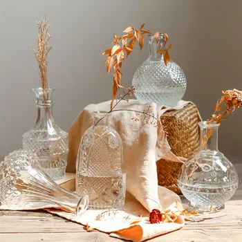 

Small Diameter Creative Vase Glass European Style Retro Relief Glass Vase Home Flower Arrangement Home Decoration