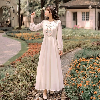 

YOSIMI 2020 Spring Maxi White Chiffon Evening Party Dress Sweet Floral Embroidery O-neck Full Sleeve Long Women Dresses Elegant