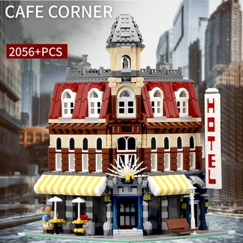 

City Street View Coffee Store Model Building Blocks With Light Figures Car Hotel Bricks Set Toys for Children Christmas Gifts