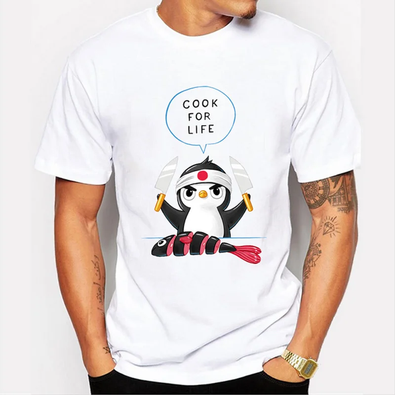 

Penguin Chef Men fashion t-shirt short sleeve casual male tops Cook For Life funny design men hipster cool tee shirts