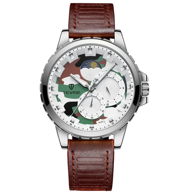 Tevise автоматические механические часы корейские мужские Moon Phase Tourbillon водонепроницаемые полые деловые часы Подарочные - Цвет: brown silver
