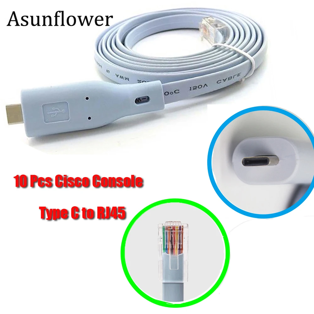 

Asunflower 10Pcs USB Type C rj45 Console Cable Adapter For Windows 8/7 Vista MAC Linux Cisco Extension usb c rj45 console cable