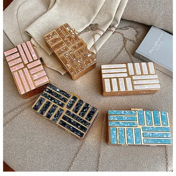 

Women Acrylic Clutch Mini Small Square Pack Bag Evening Bag Party Wedding Clutch Purse Golden chain shoulder bag Women's Handbag