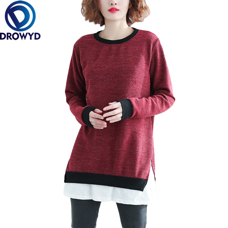 Autumn O-neck T-shirt Women's Harajuku T-shirt Female Loose Long-sleeved Stitching Cotton Thickening Shirt T-shirt Cute Clothing