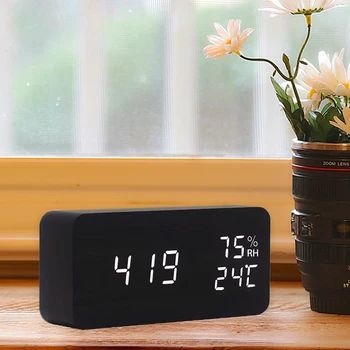 

Newest Wooden LED Alarm Clock Display Calendar Thermometer Humidity Wood Table Decoration Functional Clocks With Battery