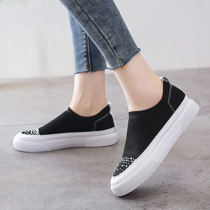 

2019 Summer New Style Canvas Shoes Women's Summer Solid Color Flat Casual Shoes Korean-style Man-made Diamond Platform Shoes Bre