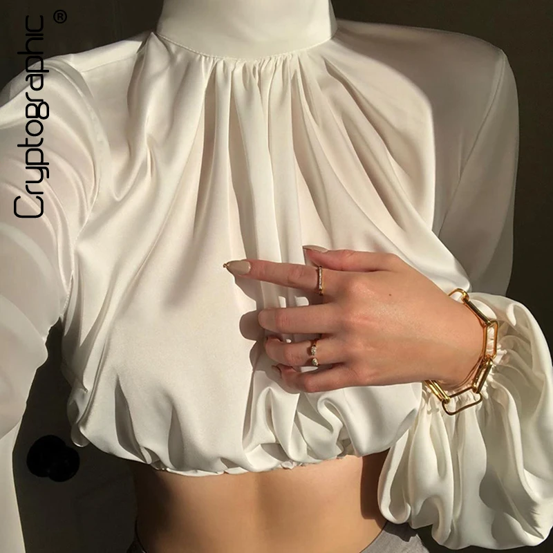 Атласные блузки с криптографическим принтом, однотонные укороченные топы со стоячим воротником и рукавами-фонариками, элегантные белые рубашки, модная женская блуза, уличная одежда