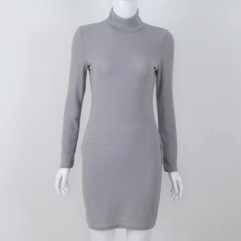 Однотонное теплое облегающее платье с воротником под горло, повседневное вязаное стильное весеннее Новое теплое платье-свитер с длинным рукавом для женщин - Цвет: Gray Dress