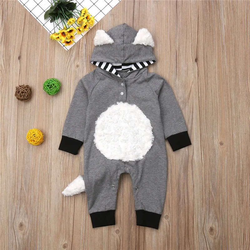 Gray Одежда для новорожденных детская одежда осень Зимняя одежда с длинными рукавами и принтом «Лиса»-«песочники» с капюшоном, детская одежда для Хэллоуина, Косплэй Costume Roupas Bebe унисекс - Цвет: Gray