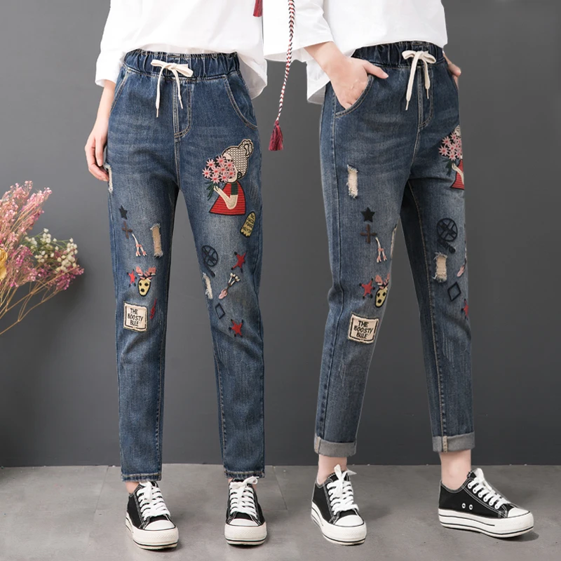 Drawstring Jeans Elastic-Waist Vintage Cartoon Women Loose Pants Embroidery Office Korean
