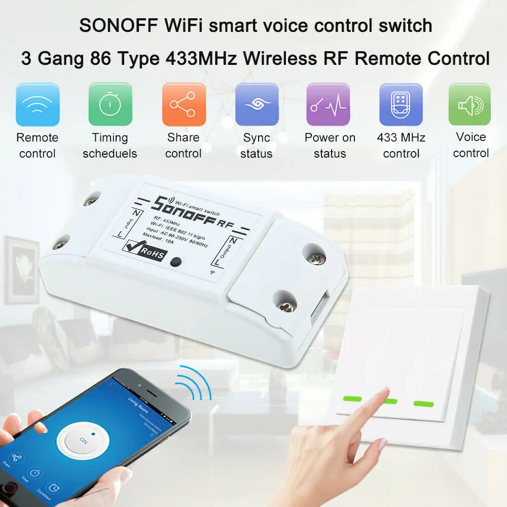 Sonoff RF WiFi Smart Switch RF Receiver Remote Control Smart Light Timing Switchs 1 2 3Gang 433Mhz RF Remote for Alexa Google
