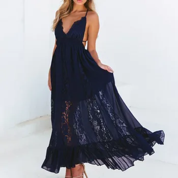 

Bohemia Dresses Women 2020 Summer Lace Backless Lace Cap Sleeve Solid Women Sexy Dress V Neck Beach Holiday Party Dresses