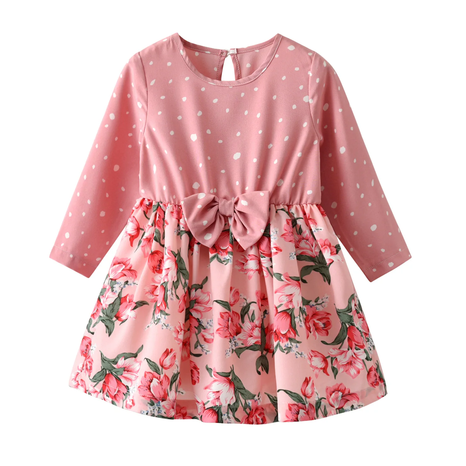 Весенне-летнее платье для маленьких девочек платье принцессы с длинными рукавами, круглым вырезом, цветочным принтом и бантом детская одежда для маленьких девочек, платья От 1 до 5 лет